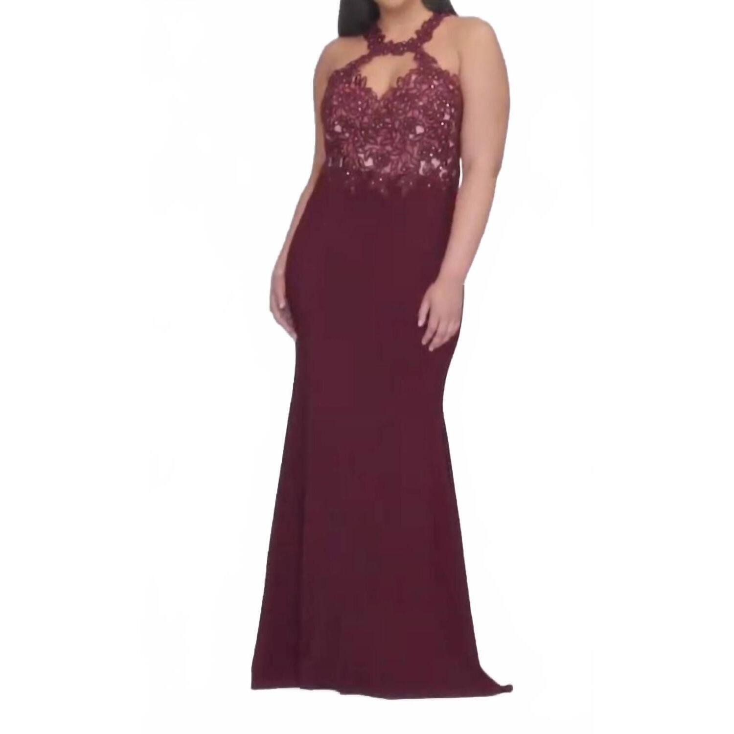 New Faviana Lace Halter Jersey Gown In Bordeaux